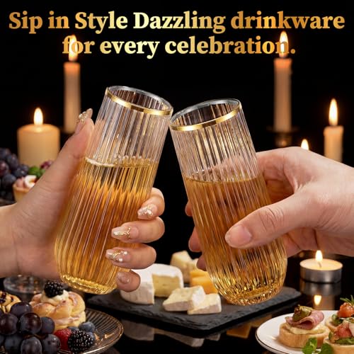Image of GuanQiao 24 Pack 9oz Stemless Plastic Champagne Flutes with Gold Rim