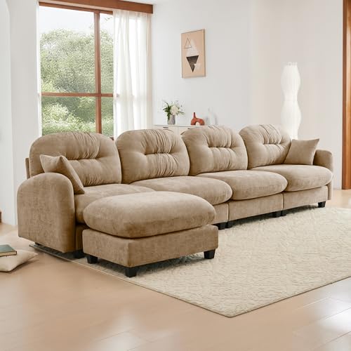 Image of KEIKI 140 inch L-Shaped Oversized Chenille Modular Sectional Sofa with 1 Ottoman, High-Density Foam Cushions, Tufted Pleated Cushion Backrest, Modern 4-Seater Couch with 2 Pillow, for Living Room, Camel