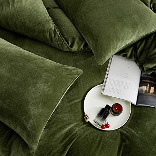 Nayoroom Olive Green Velvet Duvet Cover Queen Size Crushed Flannel Winter Warm Fluffy Comforter Cover 3 Pieces Solid Color Heavyweight Microfiber Bedding Set With Zipper Ties Gifts For Women Men #TOP6