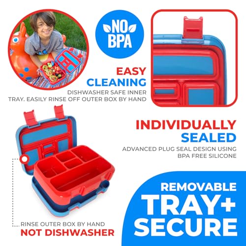 Image of Bento Box with Insulated Lunch Bag, Ice Pack & Water Bottle Set for Kids - 5 Compartments Removable Tray Lunches or Snack Container Boys Toddlers Daycare Pre-School, Blue Pirates