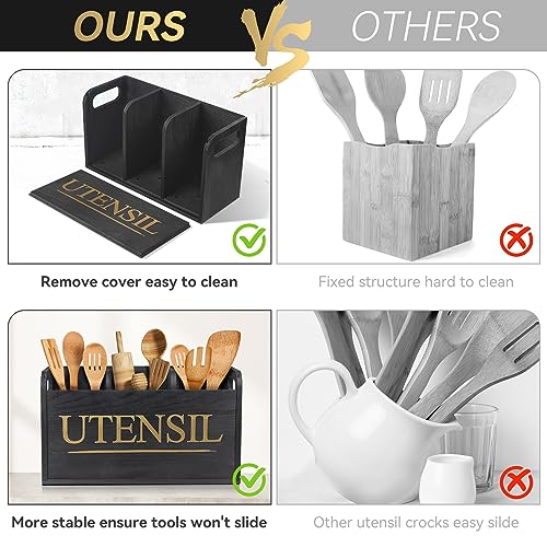 Black Wooden Kitchen Utensil Holder with 3 Compartment Larger Utensil Holder for Kitchen Counter Removable Cover for Efficient Utensil Organizer and Cooking Tools Storage, KUH_05 - Image 5