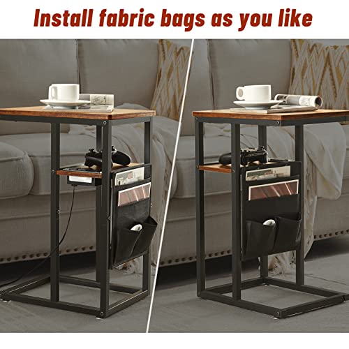 SUPERJARE-C-Table-with-Charging-Station-Small-Side-Table-C-Shaped-End-Tablewith-Fabric-Bag-for-Small-Spaces-Living-Room-Bedroom-Rustic-Brown