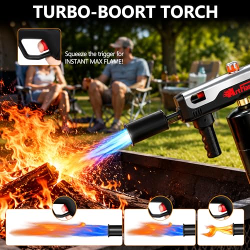 Image of ARTFLAMM Turbo Propane Torch Gun with One-Touch Max Flame Boost, Powerful Blow Torch with Adjustable Flame for Weed Removal, BBQ, Fire Starting, Grilling & Outdoor Use