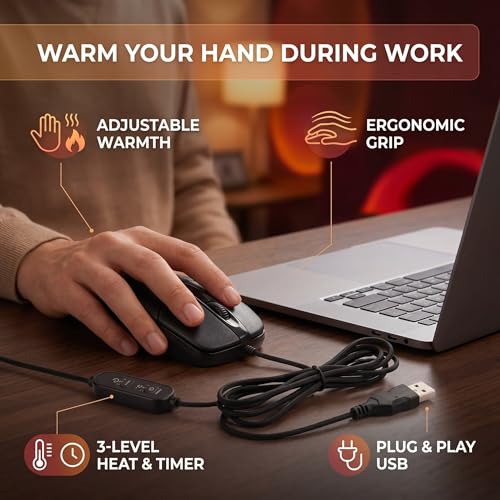 Image of Heated Computer Mouse ABS Ergonomic Wired Heating Mouse 1600DPI with Adjustable Temperature, 3-Speed Heat Settings for Cold Hands, USB Warm Mouse for Desktop Laptop Office Wor
