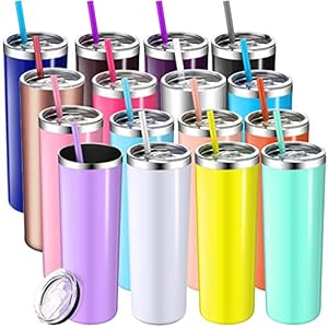 16 Pack Skinny Tumblers with Lids and Straws 20 oz Double Wall Vacuum Slim Water Tumbler Cup Stainless Steel Insulated Tumblers Skinny Travel Mug Coffee Mug for Hot Cold Drink, 16 Colors