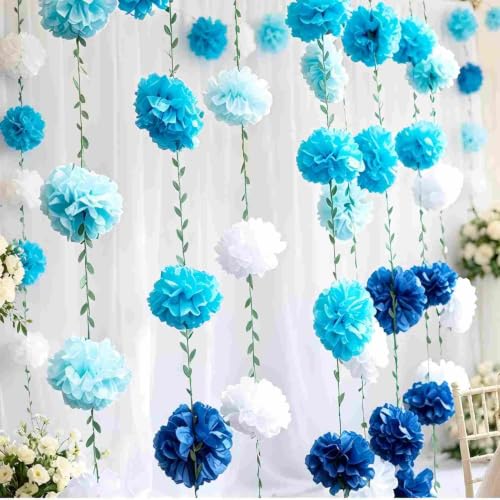 Image of Gradient Blue Tissue Paper Pom Pom Garlands, Paper Flowers for Birthday Decorations, Baby Shower, Wedding Engagement, Bridal Shower, Spring Summer Party Decorations
