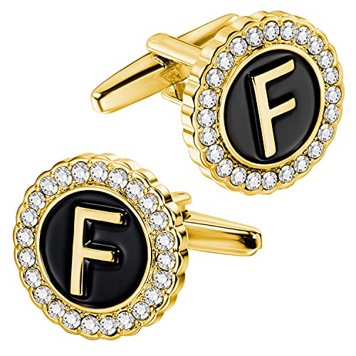 HAWSON A-Z Initial Cufflinks for Men and Women with Clear Crystal, Gold Silver Color Rasied Letter A-Z Cuff Links for French Shirt, Gift for Normal and Business Wearing