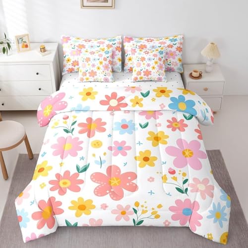 Flores Edredon Cama 135, Geométrico Juego de Cama de Microfibra, 1 Nordico 220x220 y 2 Fundas, Ligero y Suave, 4 Estaciones X490