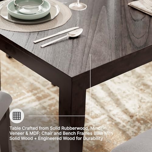 Image of Signature Design by Ashley Langwest 6-Piece Dining Table Set with Bench | Seats up to 6, 60.38 in W dining table, Reverse diamond patterned veneer, Tapered legs, Light beige polyester fabric