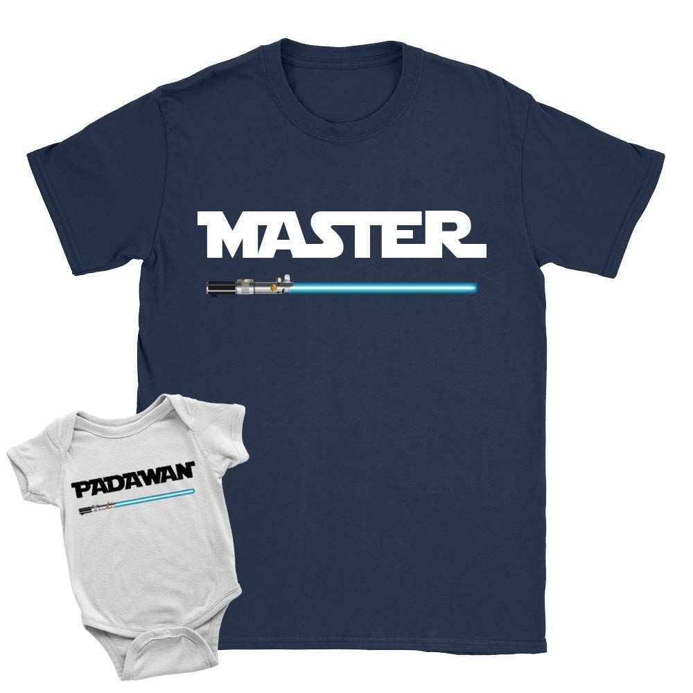 Master + Padawan Duo Babygrow and T-Shirt 12-18m Babygrow | 2XL T-Shirt White + Navy Star New Baby Arrival Father Gift Wars