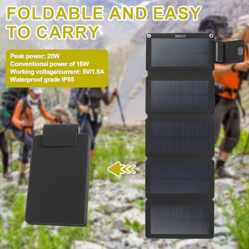 KTZCTPCA Portable Solar Panel, 20W Solar Panel Folding Pack, Portable Power Station Emergency Charging, High-Efficiency Battery Charger Solar Cell for Outdoor Camping, Hiking, Fishing,Backpacking