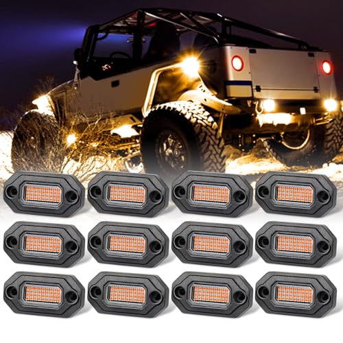 12 Pods Amber Rock Lights Aluminium Metal UnderGlow Light,36 High Power Chips,Aluminium Metal, Each 15ft extension cable,IP68 Waterproof,for Pickup Trucks SUV UTV ATV RZR Car Boats