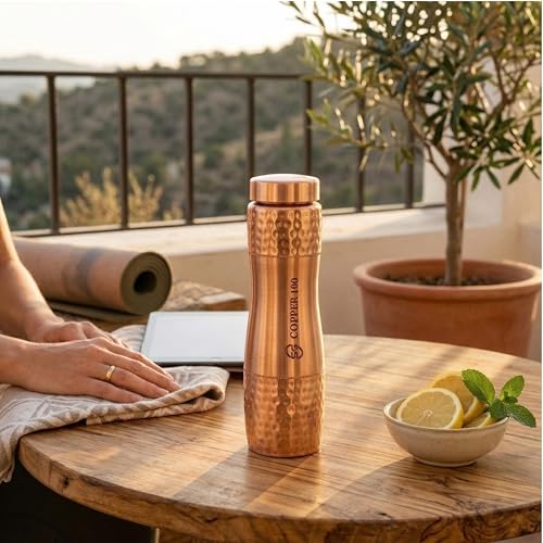 Image of VIRGIN Foodgrade 99.9% Pure Copper Water Bottle- Leakproof, Joint Free, No Lead, BPA-Free - Ayurvedic Health Benefits- Made in India- Contemporary Modern Hammered Glossy Finish (1L)