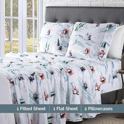 Elegant Comfort Luxuriously Soft 4-Piece Holiday Velvet Plush Flannel Sheet Set - Premium Quality - Cozy Warm, Christmas Fuzzy Velvet Flannel Fleece Deep Pocket Sheet Set - Full, Skiing Penguins