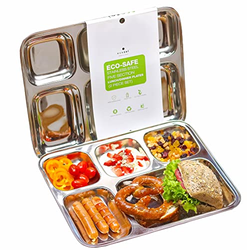 Ecozoi Stainless Steel Dinner Plates, Eco Friendly Camping Dinnerware, Portion Control Plates, Meal Prep, Lunch Plates, Party Plates, 5 Compartment Set Of 2 #TOP16