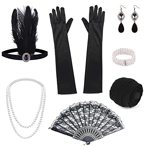 ELECLAND 10 Pieces 1920s Flapper Great Gatsby Accessories Set Fashion Roaring 20's Theme Set with Headband Headpiece Long Black Gloves Necklace Earrings for Women by ELECLAND - Used condition - US$6.09