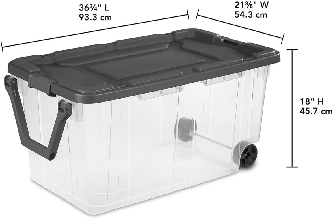 YBW AVSAN Wheeled Industrial Tote Plastic Storage Box with Durable Lid 40 Gallon /151 Liter Rolling Storage Bins with Lids & Base w/Racer Red Handle & Latches, Black， 2-Pack