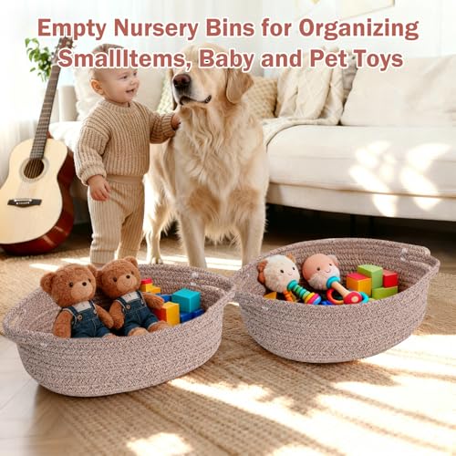 Image of Small Basket with Gift Bags and Ribbons,Small Woven Basket Cute Oval Cotton Rope Gifts with Handle Empty Baby Wicker Storage for Baby Showers Pet Toy Bin (Brown, 2 Pack (12 inchx 8 inchx 3.74 inch))