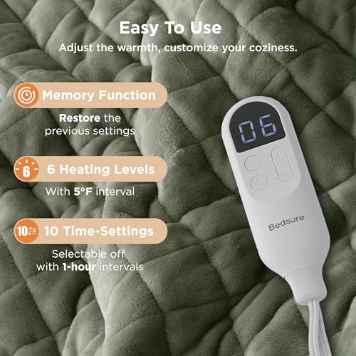 Image of Bedsure Electric Blanket Twin - Quilted Heated Blanket Twin Size, Soft Flannel Thick Heating Blanket with 10 Time Settings & 6 Heat Settings, Warm Gifts for Women Men (62x84 inches, Olive Green)