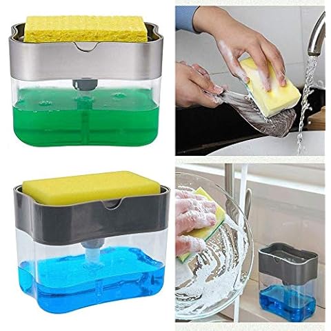 Washing Up Liquid PUMP DISPENSER & SPONGE Set -Pump Action Liquid Dish Soap Dispenser Cover