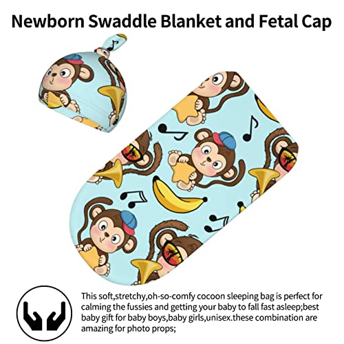 Image of Cartoon Monkey Newborn Swaddle Blankets Beanie Hat Sets,Newborn Receiving Blanket for Boy Girl,Swaddle Sack Shower Infant Gift, One Size