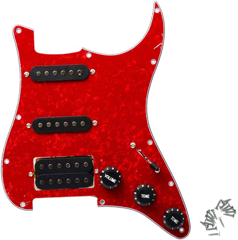 Red Pearl Prewired Electric Guitar SSH Loaded Pickguard Humbucker Black Pickups Switch & Control Knobs Set for Fender Stratocaster Electric