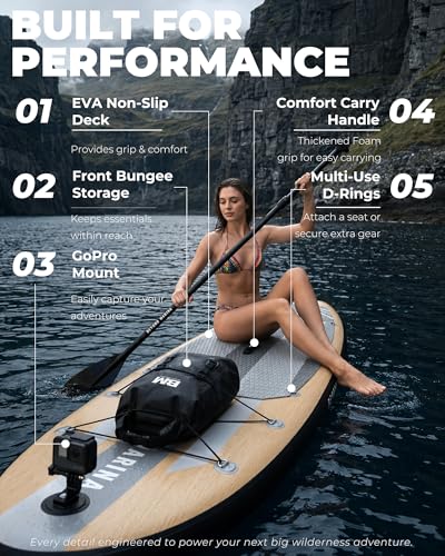 Image of BM Paddle Board Inflatable Stand Up Paddle Board, SUP Paddleboard for Adult, Premium Accessories | Non-Slip EVA Deck & Foam Handles, Camera Mount, Double Action Pump, 85L Travel Backpack