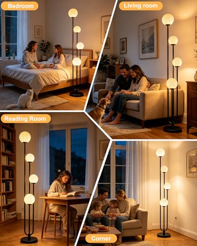 Image of Lightdot Black Globe Floor Lamp 4-Lights Dimmable Floor Lamps with Tray 3000K Bulbs Included Unique Candle Standing Lamp with Grey Shade for Living Room /Bedroom /Sofa Beside /Corner Decor