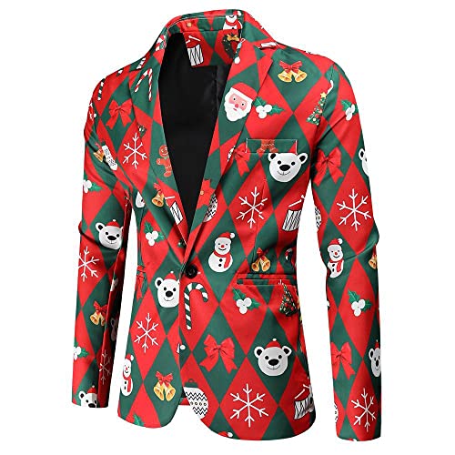 Fun Ugly Christmas Blazer Suit Sets for Men，Bear Bell Candy Printed 3-Piece Jacke Vest and Pants3