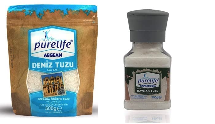 Purelife Sal del mar Egeo y sal de primavera de Capadocia - Gruesa, kosher, cosechada a mano, sin procesar, auténtica textura suave