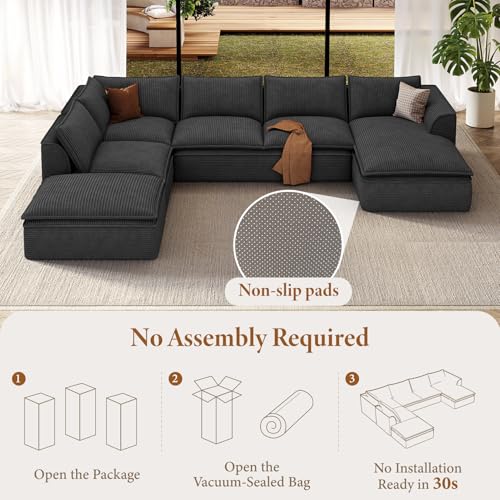 Image of Vesgantti Oversized U Shaped 7 Seater Boneless Couch with Chaise, Black | Modular Sectional Couch with Ottoman, Deep Seat Sofa for Living Room, Pinstripe Corduroy, No Assembly Compressed Large Sofa