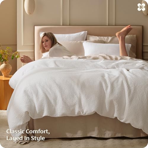 Image of Bedsure Cotton Duvet Cover Oversized King Size - 100% Cotton Waffle Weave Snow White Duvet Cover, PureWoven Textured Breathable Bedding Comforter Cover for All Season, 1 Duvet Cover Only 120 inchx98 inch