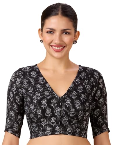 Image of Studio Shringaar Women Cotton Half Sleeve Block Printed Saree Blouse with Stretchable Sides