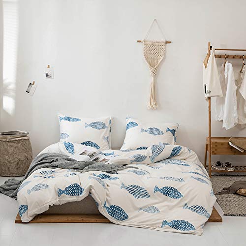 Ocean Fish Duvet Cover Queen,3 Pieces Soft Microfiber Fish Cartoon Bedding Set,Reversible Cartoon Fish Pattern Printed with Zipper Closure,Ties Lightweight Comfortable Easy Care(NO Comforter)