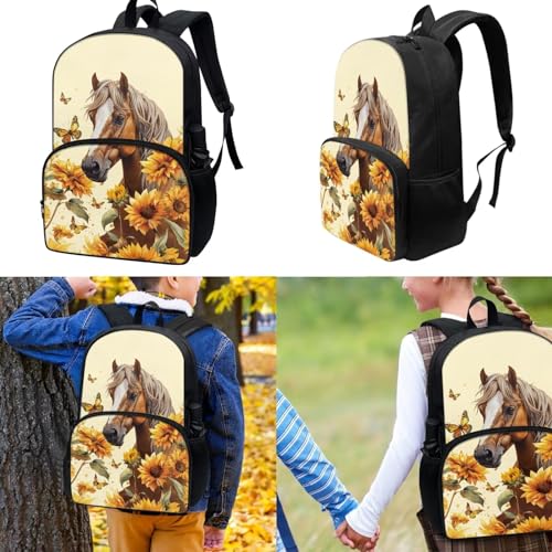 Horse Backapck and Lunchbox Set Kids Backpack for School Girls 4th Grade Sunflower Preschool Elementary Middle School Bag Student Bookbag Cute School Supplies Set for Kids Teens 4 Pieces2
