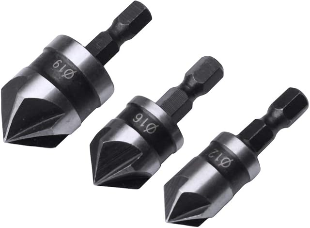 Leful 3 pcs 1/4 Inch Hex Shank, Hex Shank 5 Flute 90 Degree Chamfering Countersink Drill Bit Set(12mm 16mm 19mm)
