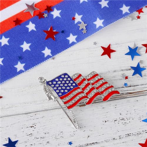 Image of Rhinestone Waving USA Flag Brooch Pin for Men Women Silver Tone Fashion Crystal 4th of July American Patriotic Medal Blue Red Enamel Brooches Dress Accessories Veterans Independence Memorial Day Jewelry