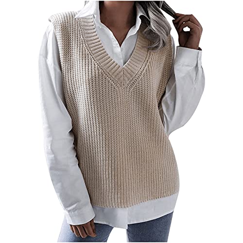 TTivxe Chaleco de punto con cuello en V para mujer, sin mangas, estilo casual, monocolor, suéter de negocios, beige, L