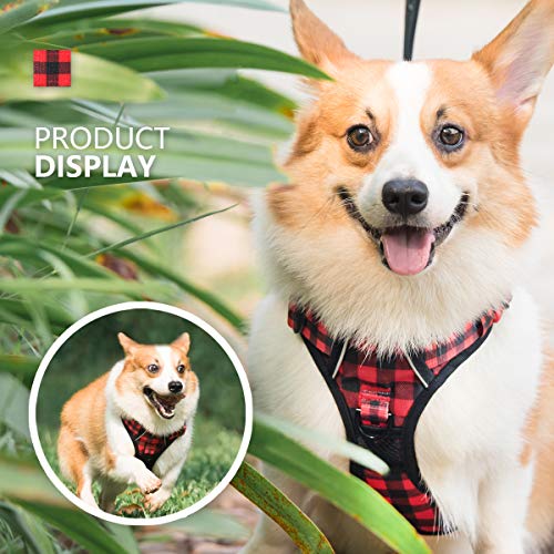 Image of PoyPet No Pull Dog Harness, [Release at Neck] Reflective Adjustable No Choke Pet Vest with Front & Back 2 Leash Attachments, Soft Control Training Handle, Plaid(Checkered Red, L)