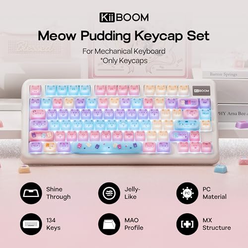 Image of KiiBOOM Cute Cat Keycaps Set, Mao Profile, Cat Shape | PC Keycap for MX Switch Mechanical Keyboard, Compatible with 60%, 65%, 75%, TKL, 96%, Full-Sized Layout (Meow Pudding)