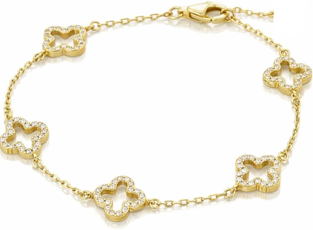 18K Gold Plated Cubic Zirconia Classic Tennis Bracelet | Lucky Four-Leaf Clover Link Bracelet | Trendy Love Friendship Best Clover Designer Bracelet Jewelry Gift for Women.