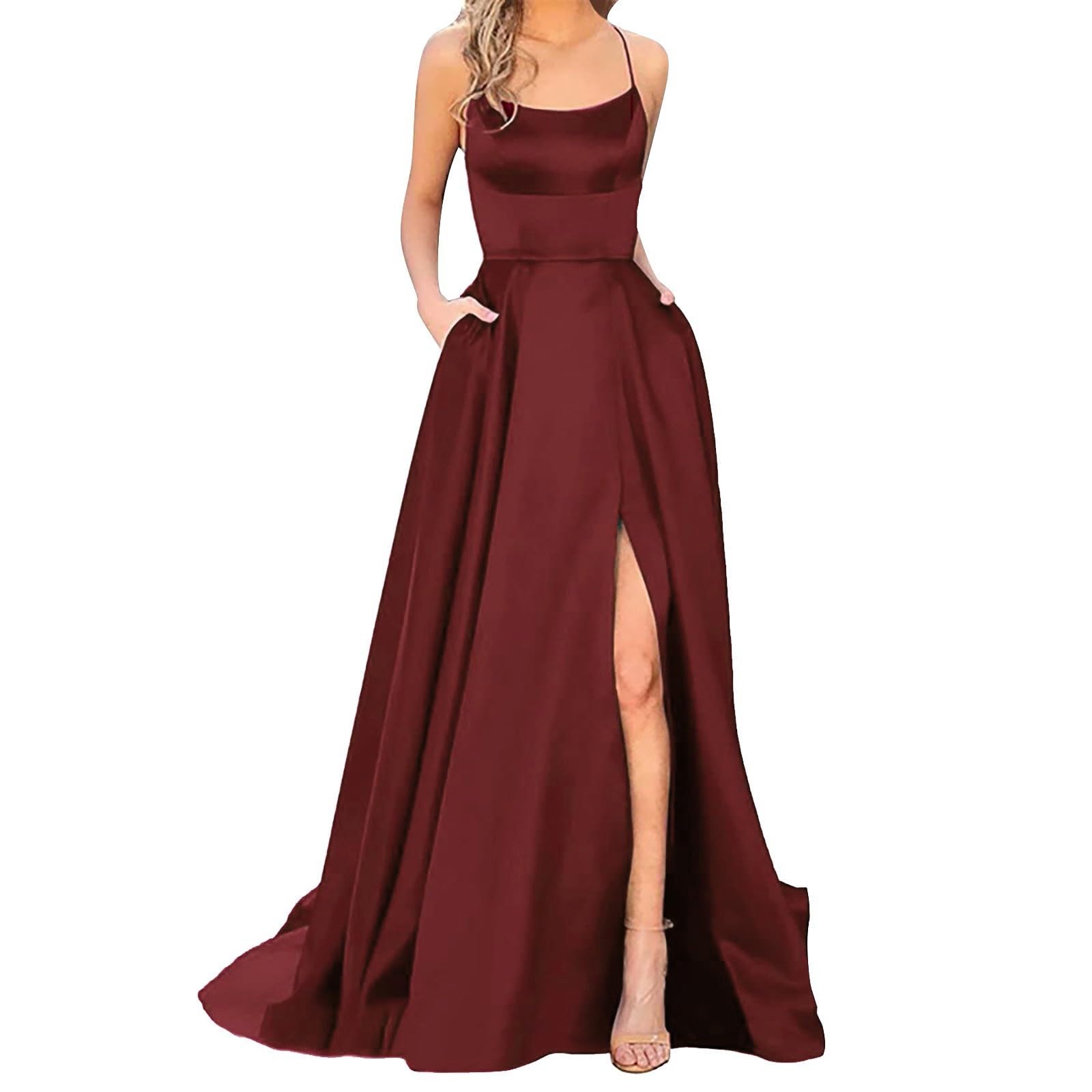 Robe de bal élégante 2025 pour femme - Longue robe de soirée dos nu - En satin - Bretelles spaghetti - Fente latérale - Robe de mariage avec poches
