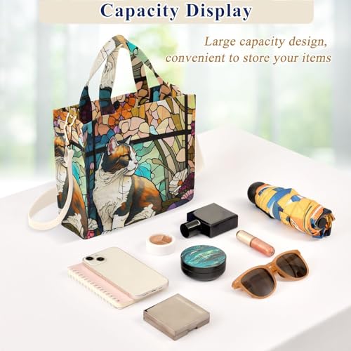 Stained Glass Cat Corduroy Women Tote Bag, Handbag Purse with Detachable Strap4