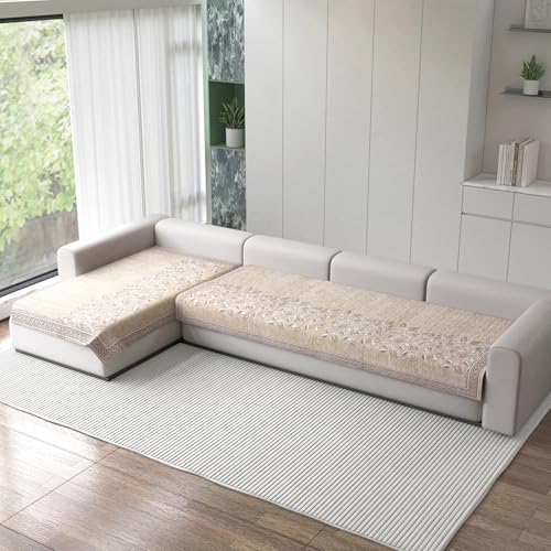 Image of Nendle Superior Velvet Floral Sofa Mat 5 Seater Set Durable Protector for Living Room Mat 3 Seater and 2 Seater, Suitable for L Shape, Sectional and U Shape Sofa (Beige, Pack of 2)