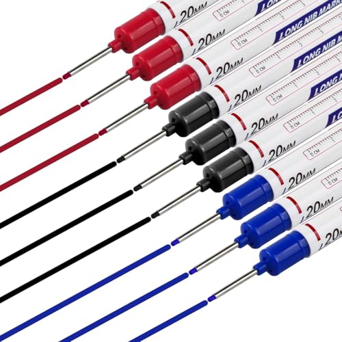 9 Pcs Marqueur Trou Profond, Stylo Marqueur Indélébile à Pointe Fine de 20 mm, Marqueur Charpentier Chantier pour Bois, Métal, Plastique et Carton(Noir, Bleu, Rouge)