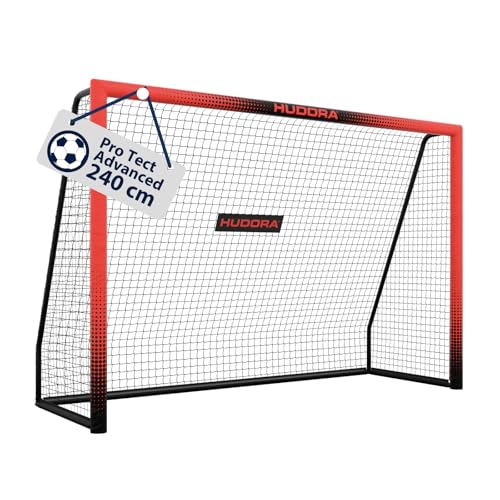 HUDORA Fußballtor Pro Tect 240 Advanced – Outdoor Fußballtor mit Netz und wetterfester Ummantelung für Kinder und Erwachsene – Einfacher Aufbau im Garten – Tor mit Reiß- und Klettverschlüssen – Rot