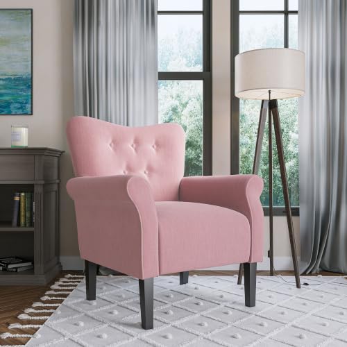 Image of BELLEZE Modern Accent Chair, High Back Armchair, Upholstered Wingback Side Chair, Padded Single Sofa with Wooden Legs for Living Room, Bedroom - Pink