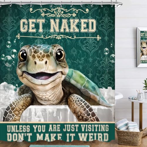 Famiffty Sea Turtle Ocean Themed Shower Curtain 72Wx72L Inch Get Naked Beach Tortoise Life Funny Bathtub Under The Sea Vintage Bathroom Accessories Waterproof Polyester Fabric 10 Plastic Hooks