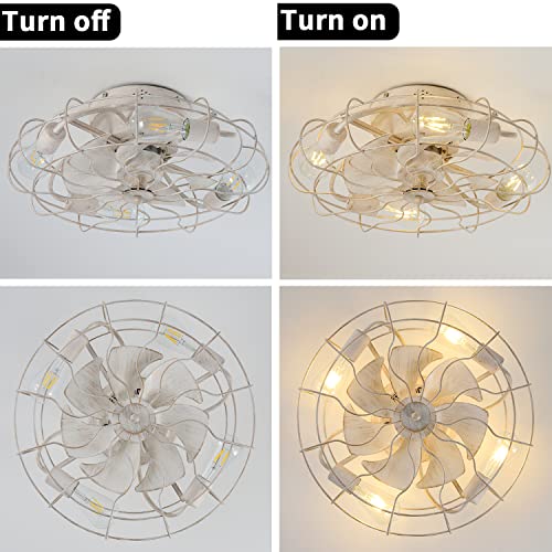 Small Rustic Rust Beige Caged Ceiling Fan With Lights And Remote , 7 Retro Wood Abs Blades, 5 E26 Warm Bulbs Included, Indoor Multi-Speed Reversible 20" Low Profile Enclosed Mid-Century Fan Light #TOP6