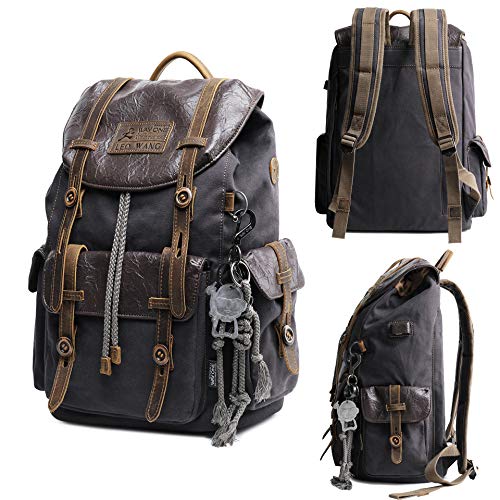 Premium Canvas And Leather Backpack For Men Vintage Backpacks Waterproof Rucksack Knapsack For Mens Hiking Travel Outdoor Grey,Durable Distressed Genuine Leather With Canvas Laptop Backpack Daypack #TOP2